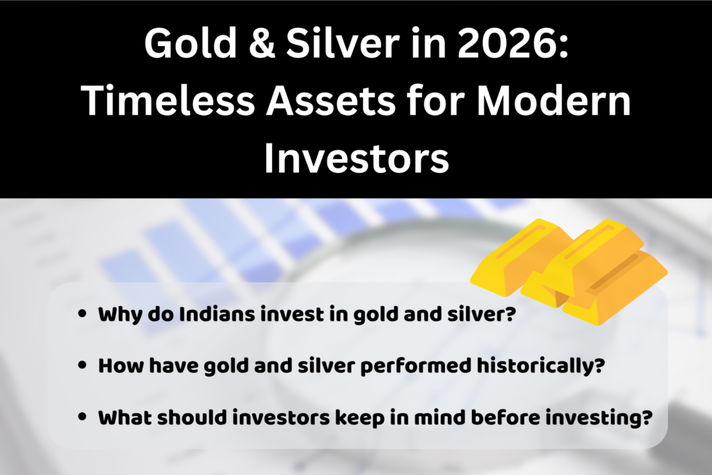 Informational graphic titled 'Gold & Silver in 2026: Timeless Assets for Modern Investors' with bullet points on why Indians invest in gold and silver, historical performance, and key considerations before investing, featuring a blurred financial chart background and a graphic of three gold bars symbolizing precious metal investment.