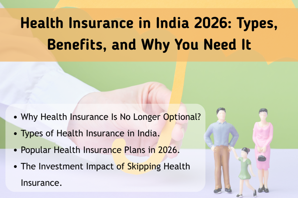 Promotional graphic about health insurance in India in 2026. Title at the top reads “Health Insurance in India 2026: Types, Benefits, and Why You Need It.” Below are four bullet points: “Why Health Insurance Is No Longer Optional?”, “Types of Health Insurance in India,” “Popular Health Insurance Plans in 2026,” and “The Investment Impact of Skipping Health Insurance.” Background shows a hand holding a yellow umbrella symbolizing protection, with three figurines representing a family (two adults and one child) standing underneath, emphasizing family security.