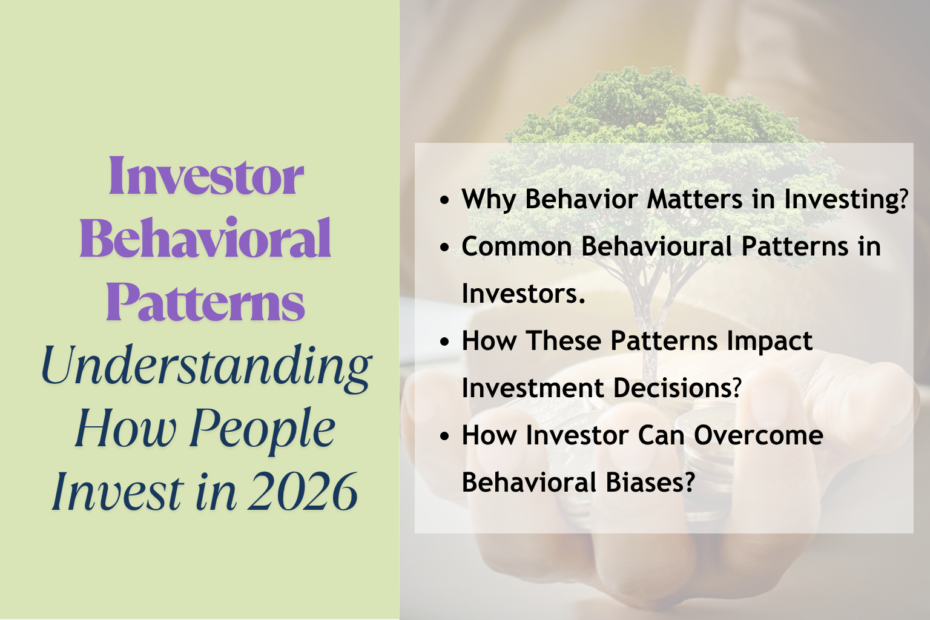Split graphic with title 'Investor Behavioral Patterns: Understanding How People Invest in 2026' in purple and dark blue on a light green background, and a semi-transparent overlay listing behavioral investing topics over an image of a hand holding coins with a small tree growing, symbolizing investment and growth.