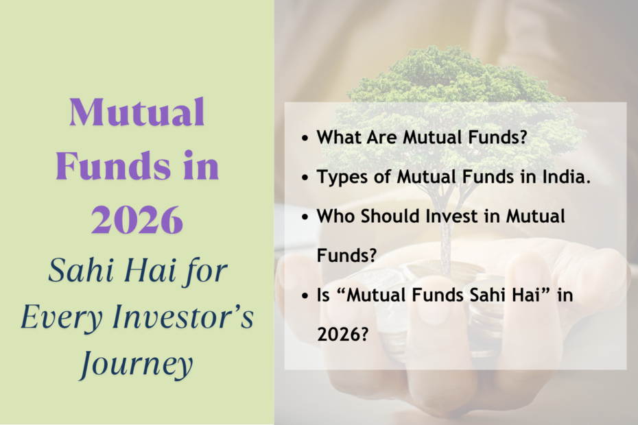 Promotional graphic about mutual funds in 2026. Left side has a light green background with bold purple and dark blue text reading “Mutual Funds in 2026 – Sahi Hai for Every Investor’s Journey.” Right side shows a blurred photo of a hand holding a jar with a tree growing out of it, symbolizing investment growth. Overlaid transparent box lists bullet points: “What Are Mutual Funds?”, “Types of Mutual Funds in India,” “Who Should Invest in Mutual Funds?”, and “Is ‘Mutual Funds Sahi Hai’ in 2026?