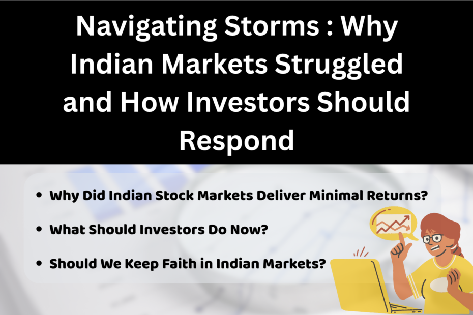Presentation slide titled “Navigating Storms: Why Indian Markets Struggled and How Investors Should Respond.” The layout features three bullet points: Why Did Indian Stock Markets Deliver Minimal Returns?, What Should Investors Do Now?, and Should We Keep Faith in Indian Markets? To the right, an illustration shows a person with glasses at a yellow laptop pointing to a chart with an upward trend. The design uses a black header with white text and a light background for the bullet points.