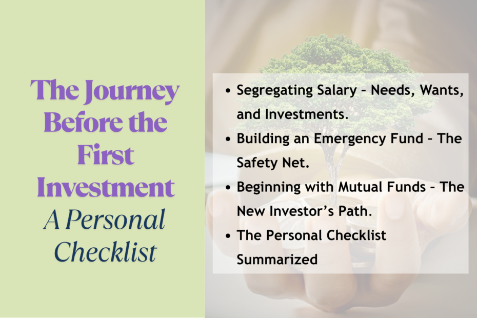 Financial guidance graphic titled 'The Journey Before the First Investment: A Personal Checklist' with bold purple and dark blue text on a light green background, and a checklist overlay on an image of hands holding coins with a small tree growing, symbolizing investment and financial growth.