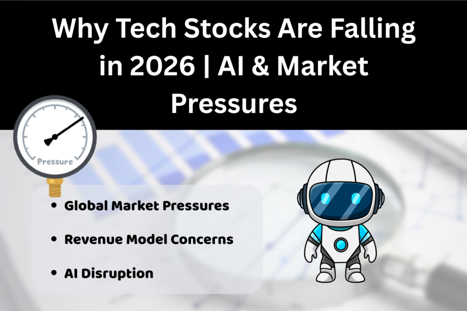 Digital graphic titled 'Why Tech Stocks Are Falling in 2026 | AI & Market Pressures' featuring a pressure gauge labeled 'Pressure' and a cartoon robot, with text listing global market pressures, revenue model concerns, and AI disruption, set against a blurred financial chart background.