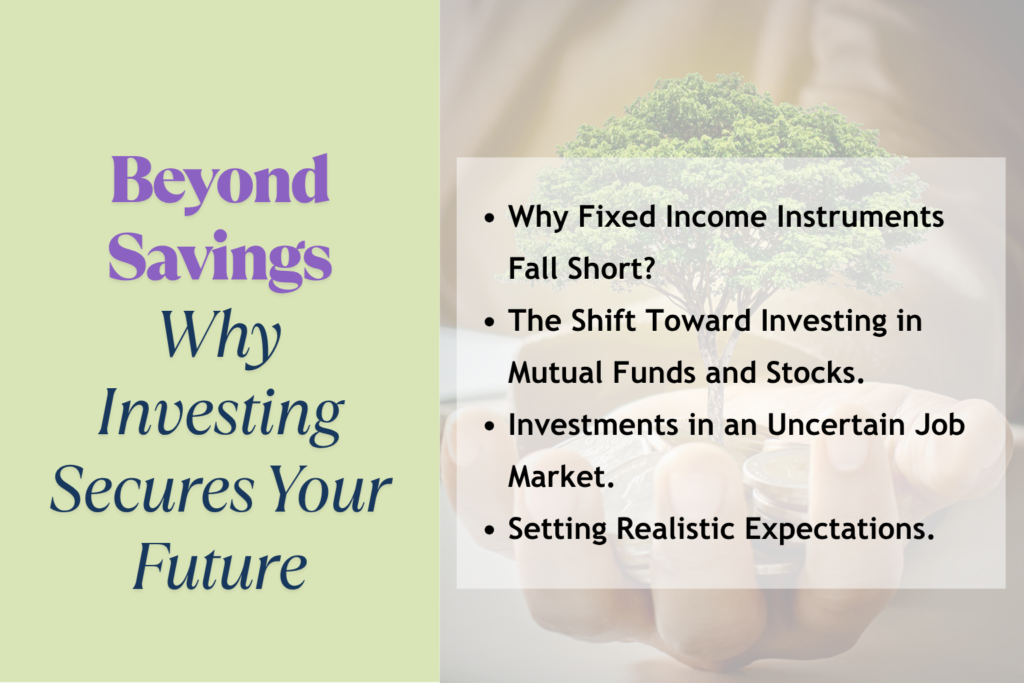 Split graphic with text on the left reading 'Beyond Savings, Why Investing Secures Your Future' in purple and dark blue on a light green background, and on the right a semi-transparent overlay listing investment topics over an image of a hand holding coins with a tree growing, symbolizing financial growth.