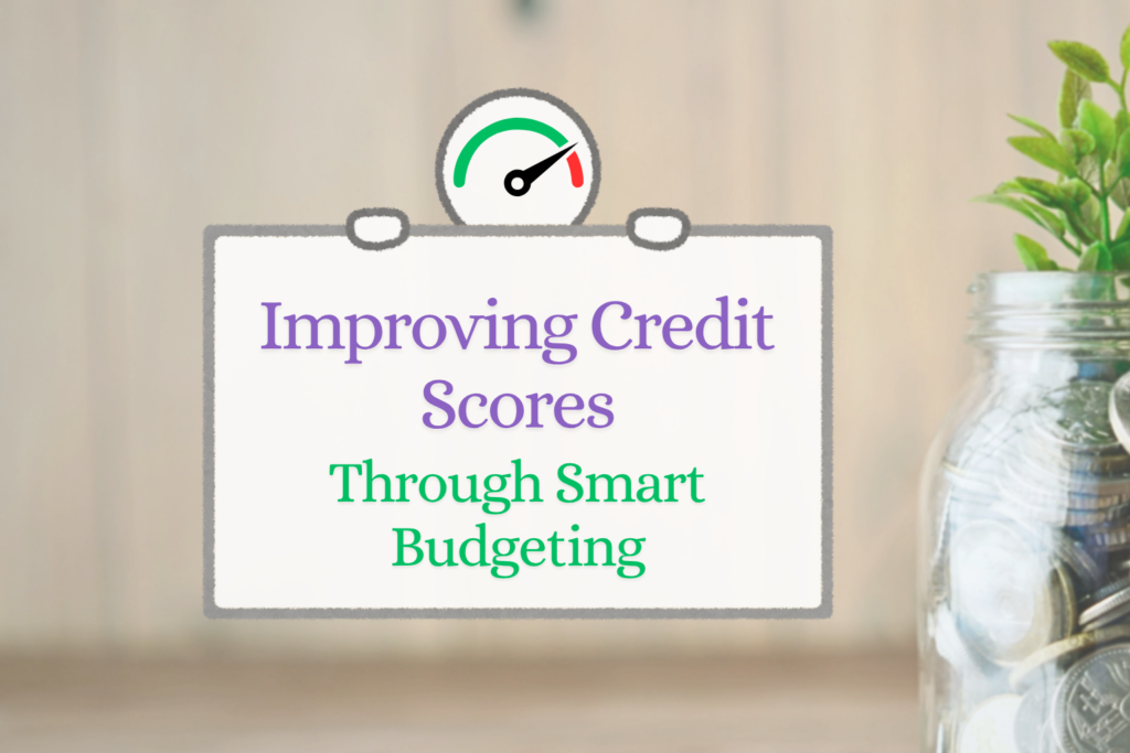 Credit score improvement concept with a gauge meter sign and a jar of coins growing a plant, symbolizing financial growth through smart budgeting.