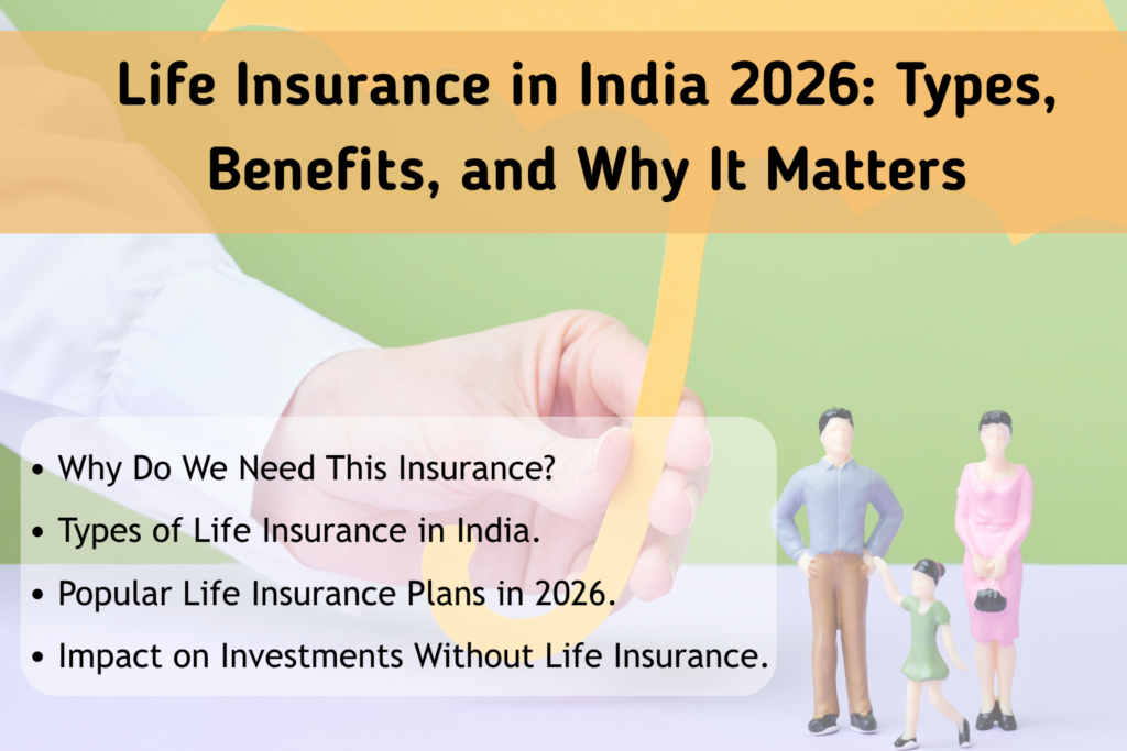 Promotional graphic about life insurance in India in 2026. A hand holds a yellow umbrella symbolizing protection, with a figurine family of three (man, woman, and child) standing underneath. The background is a soft green and white gradient. Text at the top reads “Life Insurance in India 2026: Types, Benefits, and Why It Matters.” Below, bullet points list: “Why Do We Need This Insurance?”, “Types of Life Insurance in India,” “Popular Life Insurance Plans in 2026,” and “Impact on Investments Without Life Insurance.