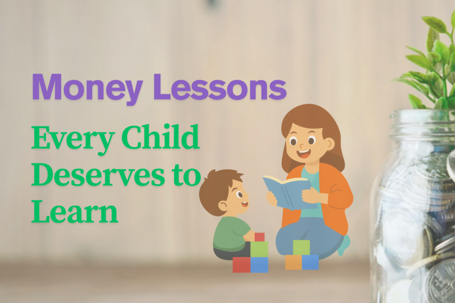 Educational graphic with bold purple text 'Money Lessons' and green text 'Every Child Deserves to Learn,' alongside an illustration of a woman reading to a child playing with colorful blocks, set against a blurred background of a coin jar with a plant growing, symbolizing savings and financial growth.