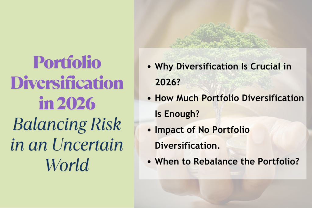 Split graphic with bold text on the left reading 'Portfolio Diversification in 2026, Balancing Risk in an Uncertain World' in colorful fonts, and on the right a semi-transparent overlay listing diversification topics over an image of a hand holding coins with a tree growing, symbolizing financial growth and investment.