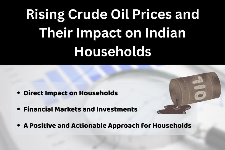 Presentation slide titled “Rising Crude Oil Prices and Their Impact on Indian Households.” The design features a black header with white text, a blurred financial chart background, and a graphic of an oil barrel spilling oil. Three bullet points are listed: Direct Impact on Households, Financial Markets and Investments, and A Positive and Actionable Approach for Households.