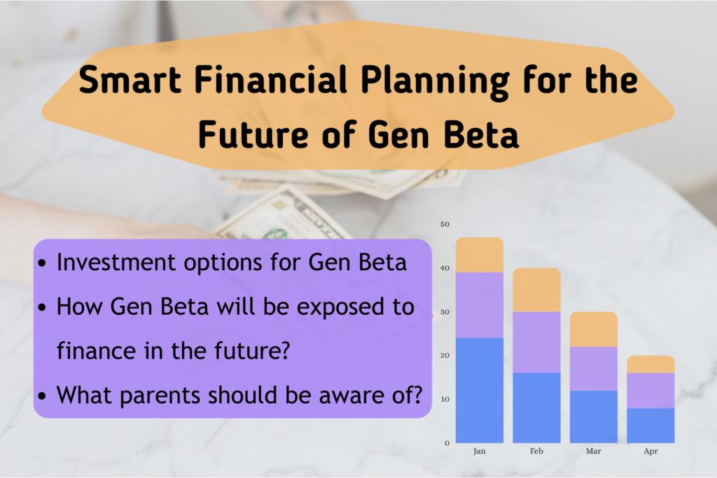 Promotional graphic titled “Smart Financial Planning for the Future of Gen Beta.” The background shows a person handling U.S. dollar bills. At the top, an orange banner displays the title. Below, a purple box lists three bullet points: Investment options for Gen Beta, How Gen Beta will be exposed to finance in the future?, and What parents should be aware of? To the right, a bar chart with four vertical bars labeled Jan, Feb, Mar, and Apr is segmented into blue, purple, and orange sections, with a y-axis ranging from 0 to 50.