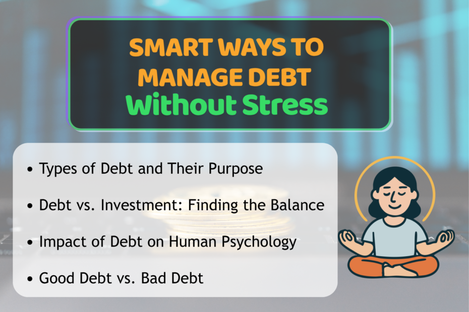 Informative graphic titled “SMART WAYS TO MANAGE DEBT Without Stress.” Background shows a calming scene with a stack of coins and an illustration of a person meditating, symbolizing a stress‑free approach to finances. Text highlights four bullet points: “Types of Debt and Their Purpose,” “Debt vs. Investment: Finding the Balance,” “Impact of Debt on Human Psychology,” and “Good Debt vs. Bad Debt.”