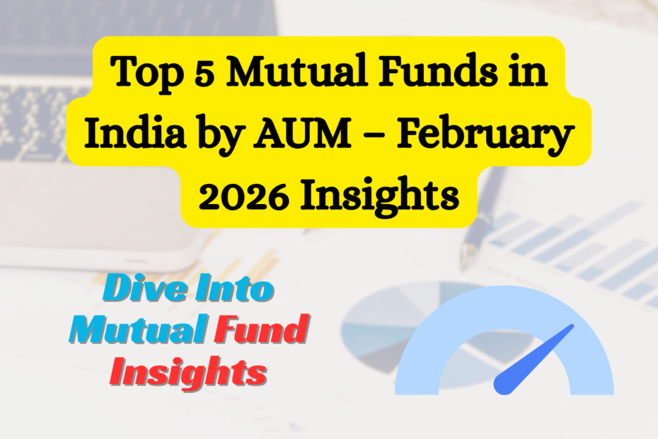 Promotional graphic highlighting the top 5 mutual funds in India by AUM as of February 2026, with bold yellow headline text and supporting phrase 'Dive Into Mutual Fund Insights.' The background shows financial elements including a laptop, pen, pie chart, bar graph, and a speedometer‑style graphic symbolizing performance analysis