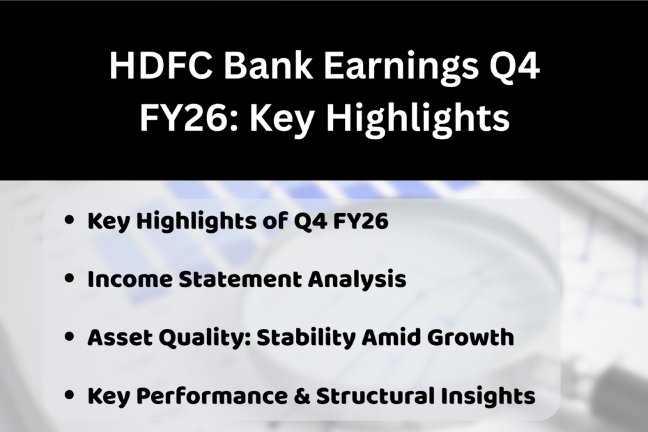 Slide titled ‘HDFC Bank Earnings Q4 FY26: Key Highlights’ showing four bullet points, Key Highlights of Q4 FY26, Income Statement Analysis, Asset Quality: Stability Amid Growth, and Key Performance & Structural Insights