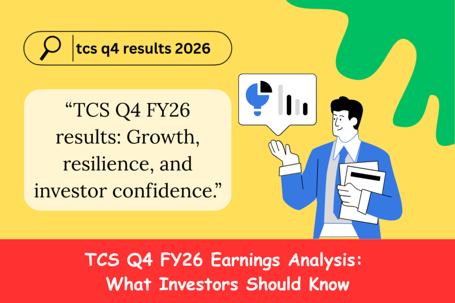 Illustration of a professional in a blue suit holding documents, with a speech bubble showing a pie chart and bar graph. Background is yellow with a green abstract shape and a red banner. Text reads: ‘TCS Q4 FY26 results: Growth, resilience, and investor confidence’ and ‘TCS Q4 FY26 Earnings Analysis: What Investors Should Know’.