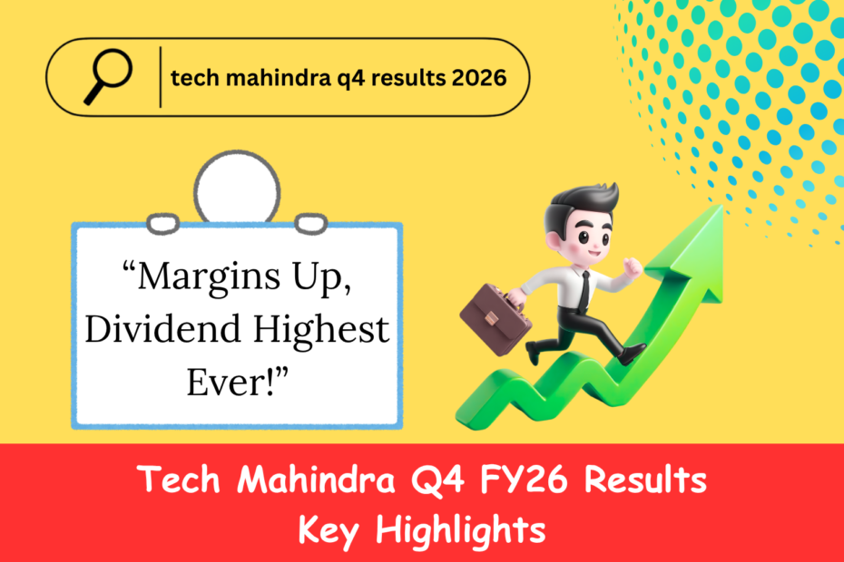 Bright financial results graphic with a yellow search bar reading ‘Tech Mahindra Q4 Results 2026,’ a white sign stating ‘Margins Up, Dividend Highest Ever!,’ and a cartoon businessperson climbing a green upward arrow symbolizing growth. Bottom red banner highlights ‘Tech Mahindra Q4 FY26 Results Key Highlights.