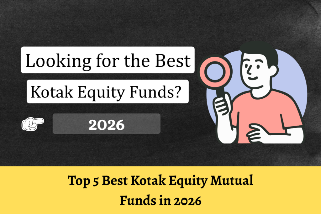 Promotional graphic showing a person with a magnifying glass and text asking “Looking for the Best Kotak Equity Funds? Top 5 Best Kotak Equity Mutual Funds in 2026.