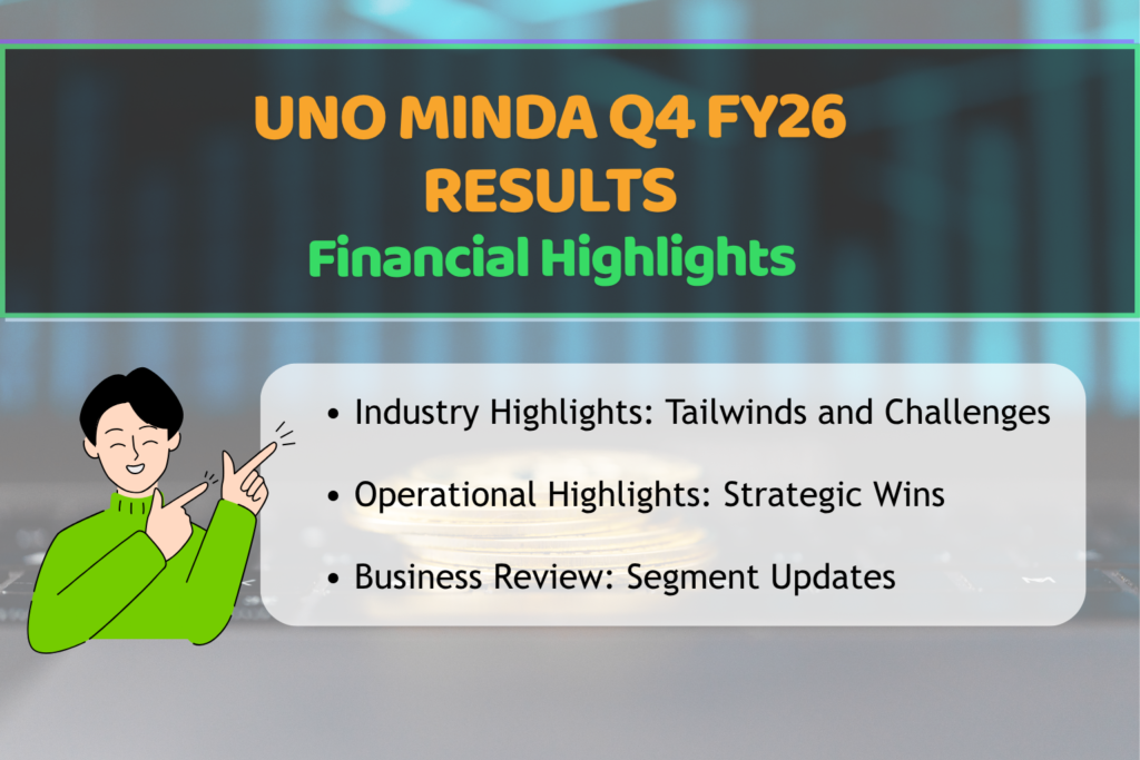 Presentation slide summarizing Uno Minda Q4 FY26 financial highlights, featuring industry challenges, operational wins, and business review updates, with an illustrated figure pointing to the text against a financial background of coins and a keyboard.