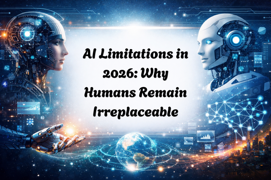 Two humanoid robots facing each other against a futuristic digital background with glowing circuits, data graphs, and Earth surrounded by network lines, symbolizing artificial intelligence’s limitations and the irreplaceable nature of human qualities.