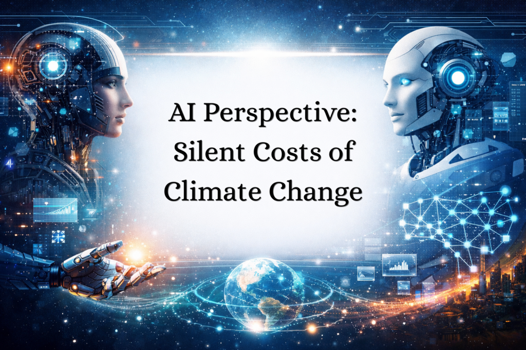 Two humanoid robots face each other in a futuristic digital setting with glowing circuits, data graphs, and Earth below, symbolizing artificial intelligence analyzing the silent costs of climate change.