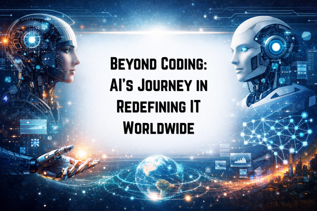 Two humanoid robots face each other in a futuristic digital environment with glowing circuits, data charts, and a connected Earth below, symbolizing artificial intelligence redefining the IT sector worldwide.