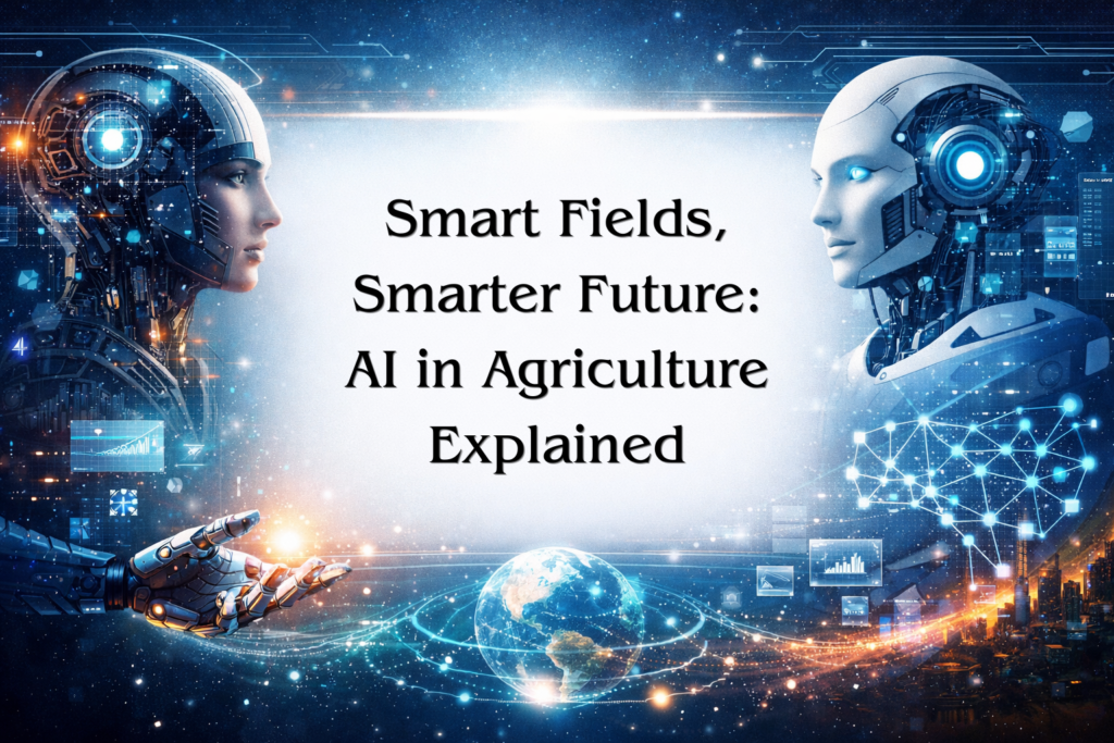 Two futuristic humanoid robots face each other against a glowing digital and cosmic background with Earth at the center, symbolizing artificial intelligence transforming agriculture, global connectivity, and smart farming innovation. The central text reads “Smart Fields, Smarter Future: AI in Agriculture Explained.
