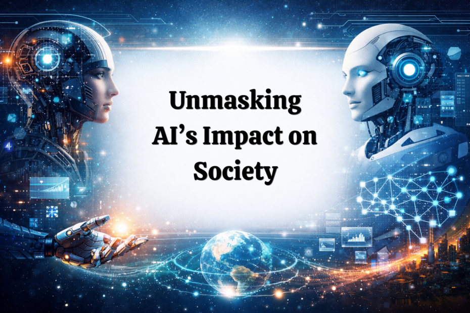 Two humanoid robots facing each other against a futuristic digital background with glowing circuits, Earth surrounded by network lines, symbolizing artificial intelligence’s global impact on society.