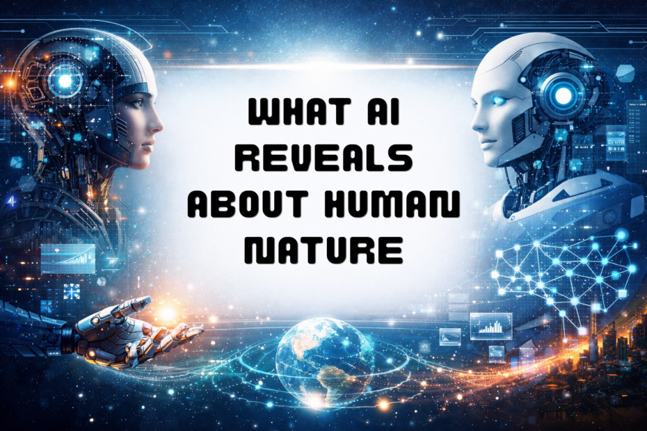 Two humanoid robots facing each other against a futuristic digital background with glowing circuits, data graphs, and Earth surrounded by network connections, symbolizing AI exploring human nature.